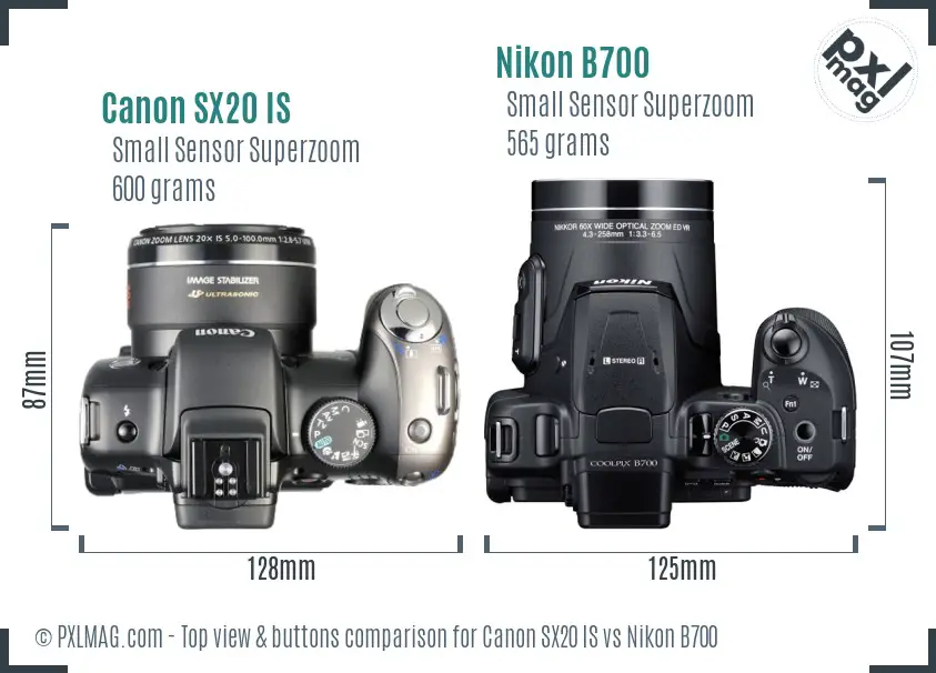 Canon SX20 IS vs Nikon B700 top view buttons comparison