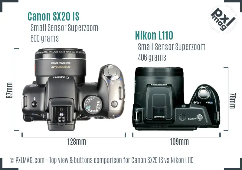 Canon SX20 IS vs Nikon L110 top view buttons comparison
