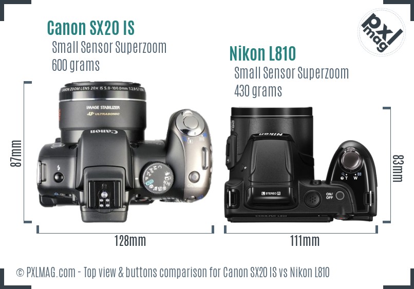 Canon SX20 IS vs Nikon L810 top view buttons comparison