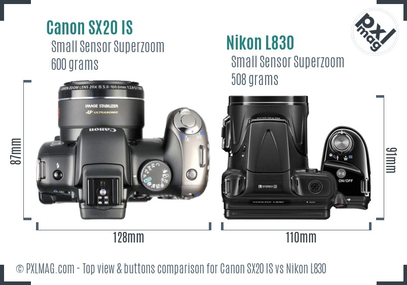 Canon SX20 IS vs Nikon L830 top view buttons comparison