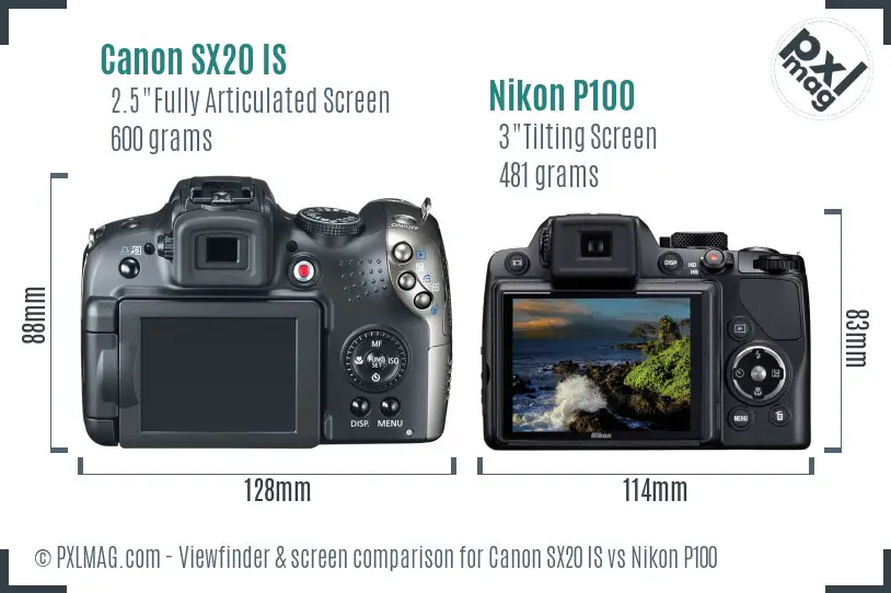 Canon SX20 IS vs Nikon P100 Screen and Viewfinder comparison