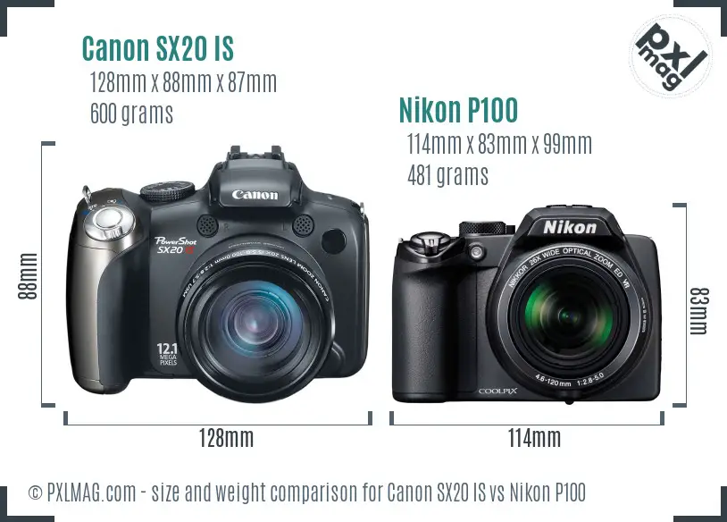 Canon SX20 IS vs Nikon P100 size comparison