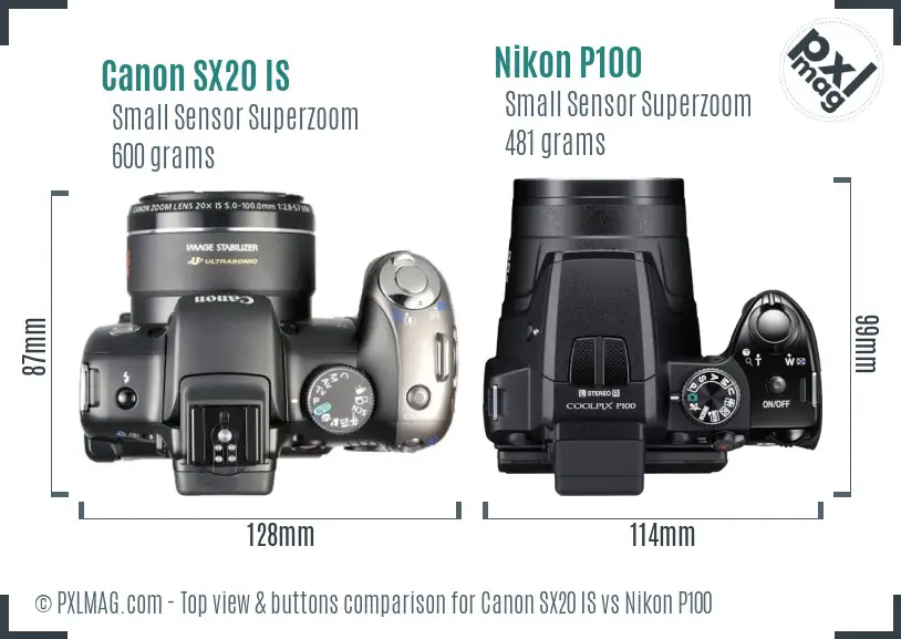Canon SX20 IS vs Nikon P100 top view buttons comparison