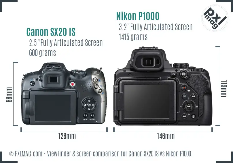 Canon SX20 IS vs Nikon P1000 Screen and Viewfinder comparison