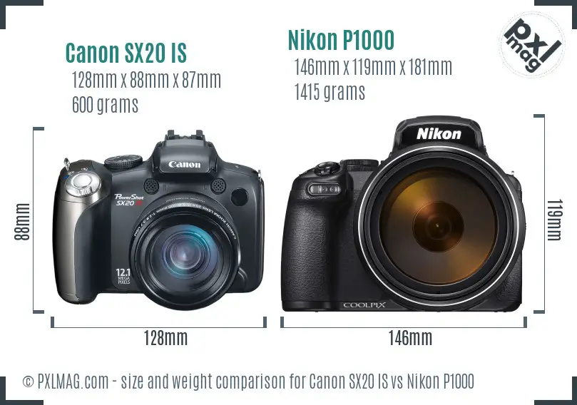 Canon SX20 IS vs Nikon P1000 size comparison