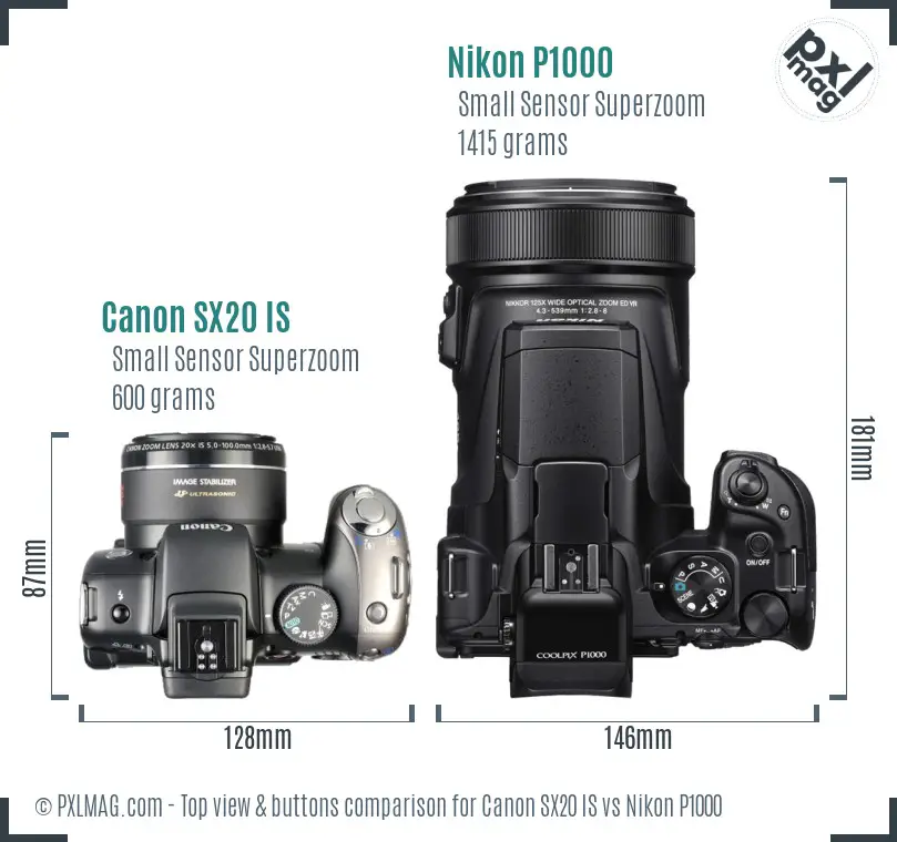Canon SX20 IS vs Nikon P1000 top view buttons comparison