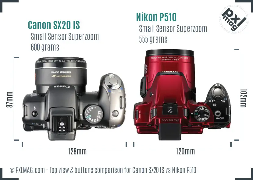 Canon SX20 IS vs Nikon P510 top view buttons comparison