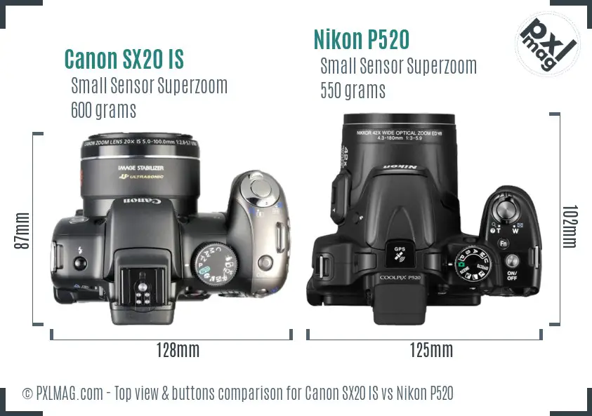 Canon SX20 IS vs Nikon P520 top view buttons comparison