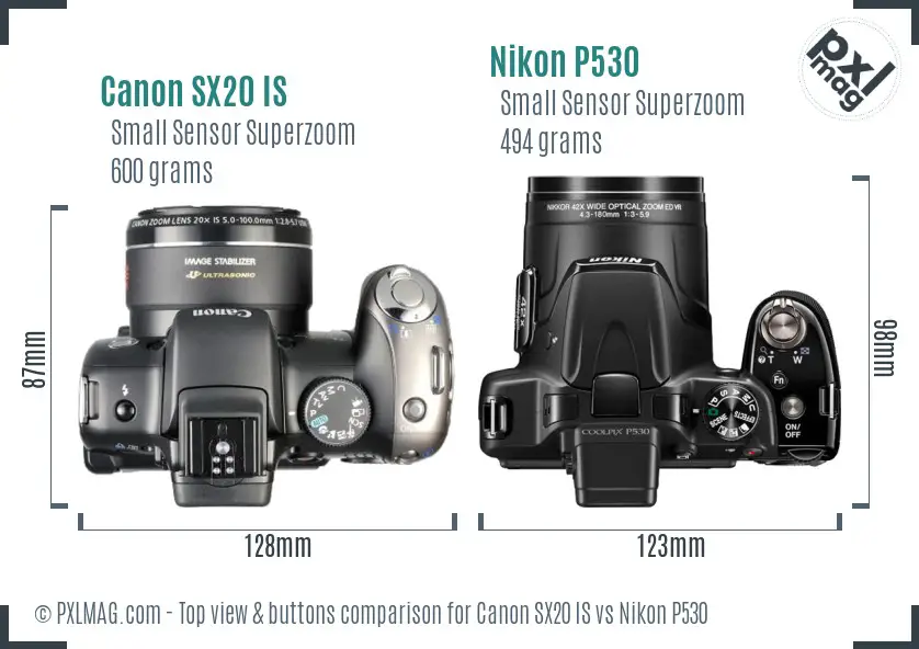 Canon SX20 IS vs Nikon P530 top view buttons comparison