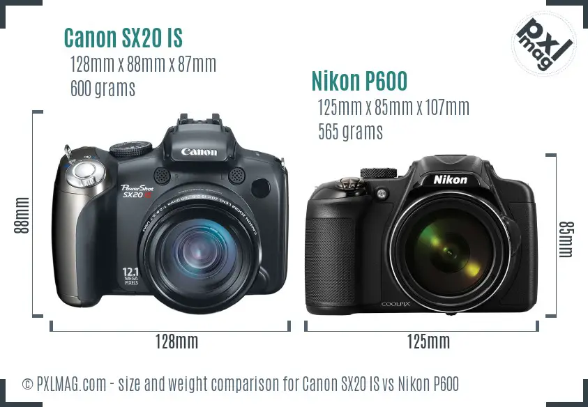 Canon SX20 IS vs Nikon P600 size comparison Canon SX20 IS vs Nikon P600 size comparison