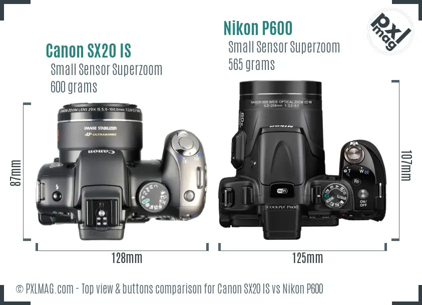 Canon SX20 IS vs Nikon P600 top view buttons comparison Canon SX20 IS vs Nikon P600 top view buttons comparison