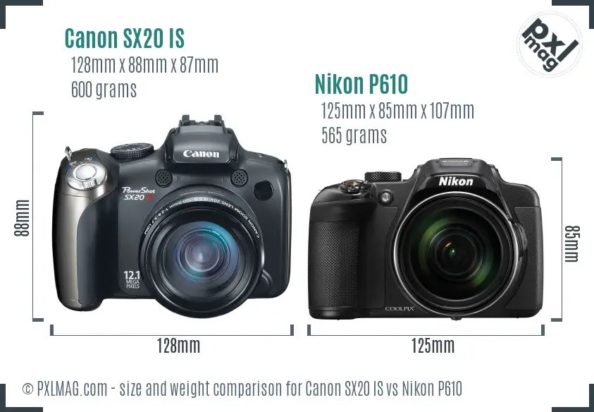 Canon SX20 IS vs Nikon P610 size comparison Canon SX20 IS vs Nikon P610 size comparison