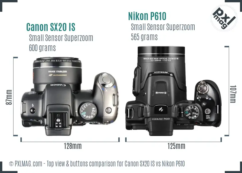 Canon SX20 IS vs Nikon P610 top view buttons comparison Canon SX20 IS vs Nikon P610 top view buttons comparison