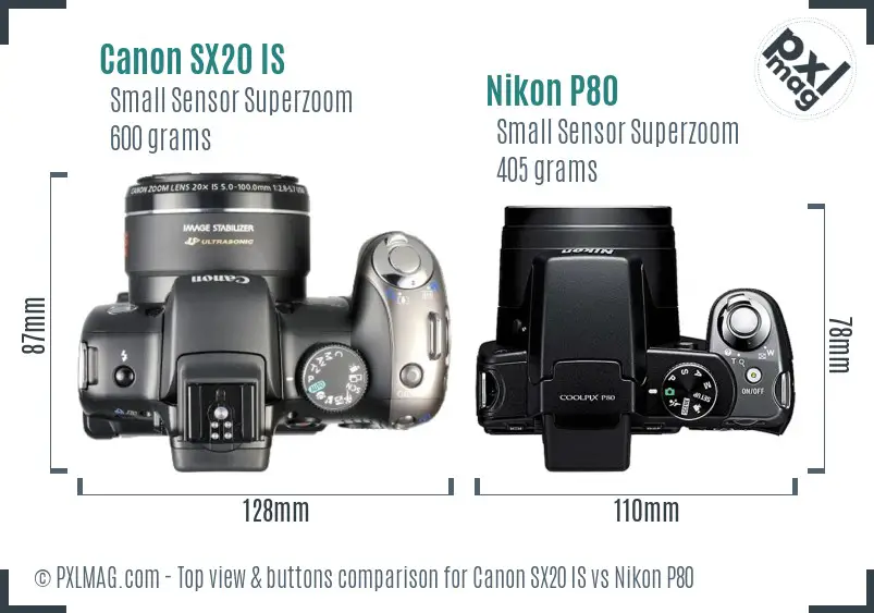 Canon SX20 IS vs Nikon P80 top view buttons comparison