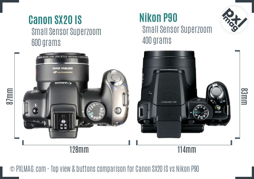 Canon SX20 IS vs Nikon P90 top view buttons comparison