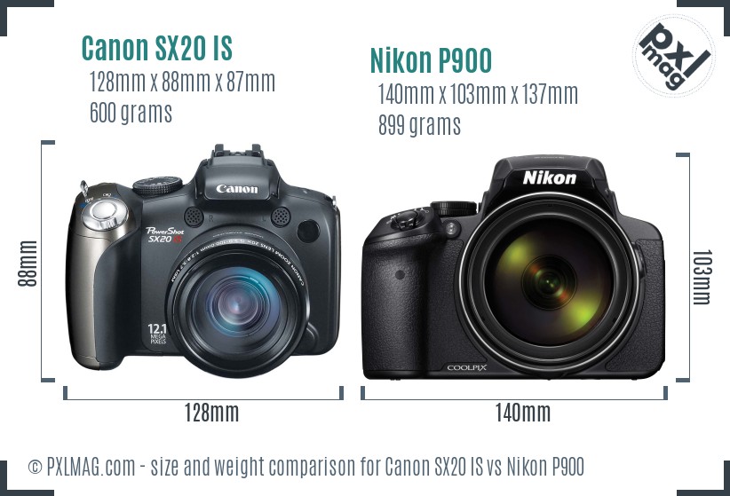 Canon SX20 IS vs Nikon P900 size comparison Canon SX20 IS vs Nikon P900 size comparison