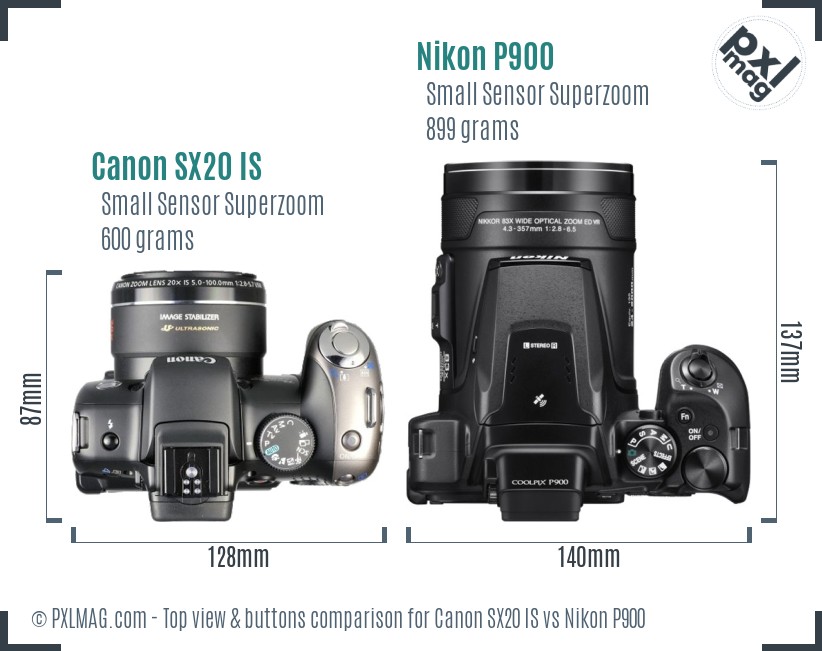 Canon SX20 IS vs Nikon P900 top view buttons comparison