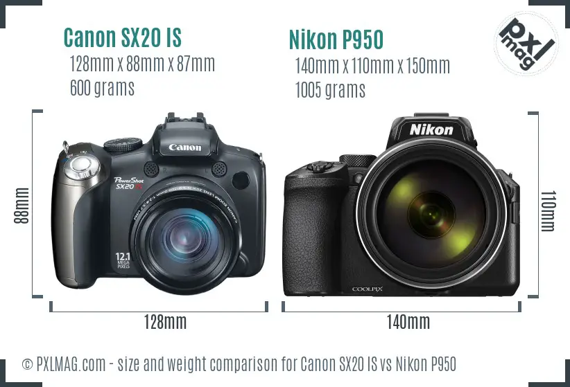 Canon SX20 IS vs Nikon P950 size comparison