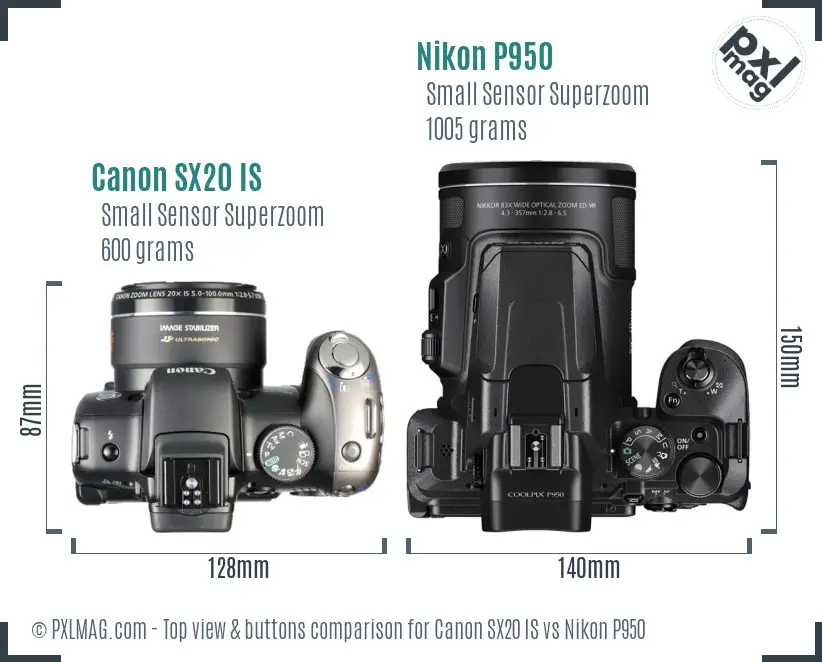 Canon SX20 IS vs Nikon P950 top view buttons comparison