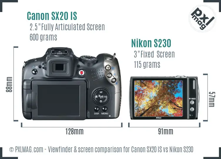 Canon SX20 IS vs Nikon S230 Screen and Viewfinder comparison