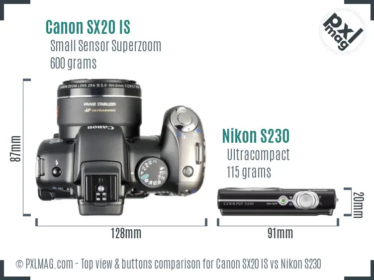 Canon SX20 IS vs Nikon S230 top view buttons comparison