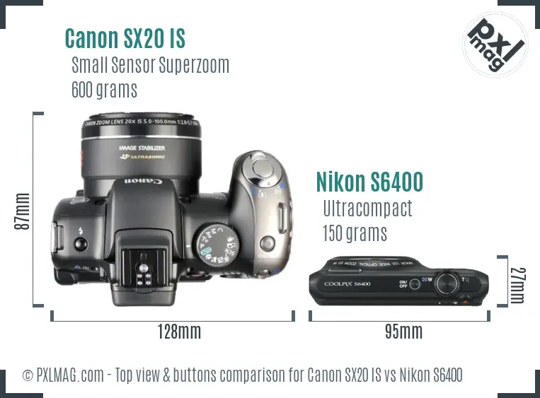 Canon SX20 IS vs Nikon S6400 top view buttons comparison