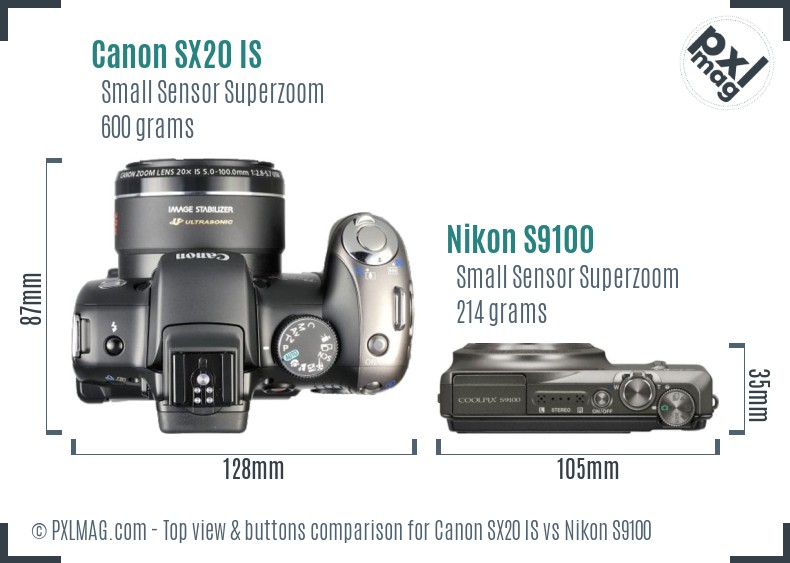 Canon SX20 IS vs Nikon S9100 top view buttons comparison