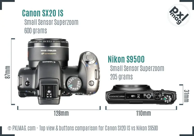 Canon SX20 IS vs Nikon S9500 top view buttons comparison