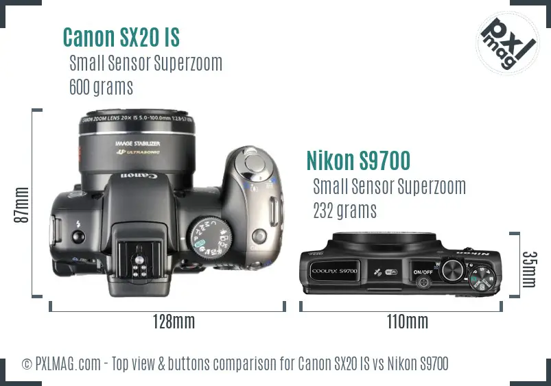 Canon SX20 IS vs Nikon S9700 top view buttons comparison Canon SX20 IS vs Nikon S9700 top view buttons comparison