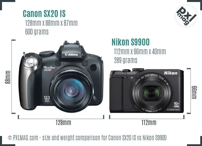 Canon SX20 IS vs Nikon S9900 size comparison Canon SX20 IS vs Nikon S9900 size comparison
