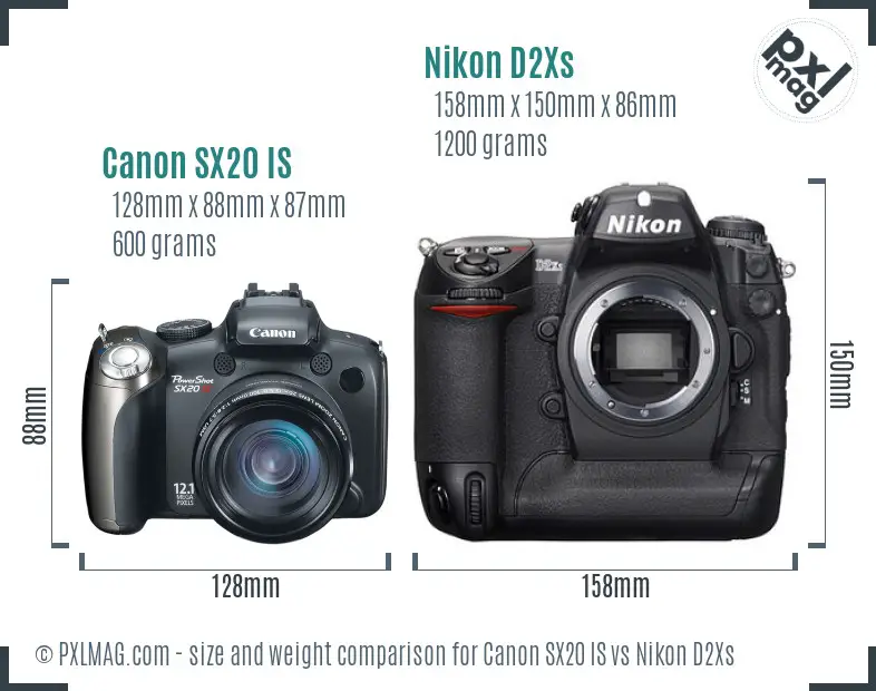 Canon SX20 IS vs Nikon D2Xs size comparison