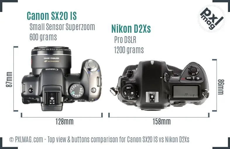 Canon SX20 IS vs Nikon D2Xs top view buttons comparison