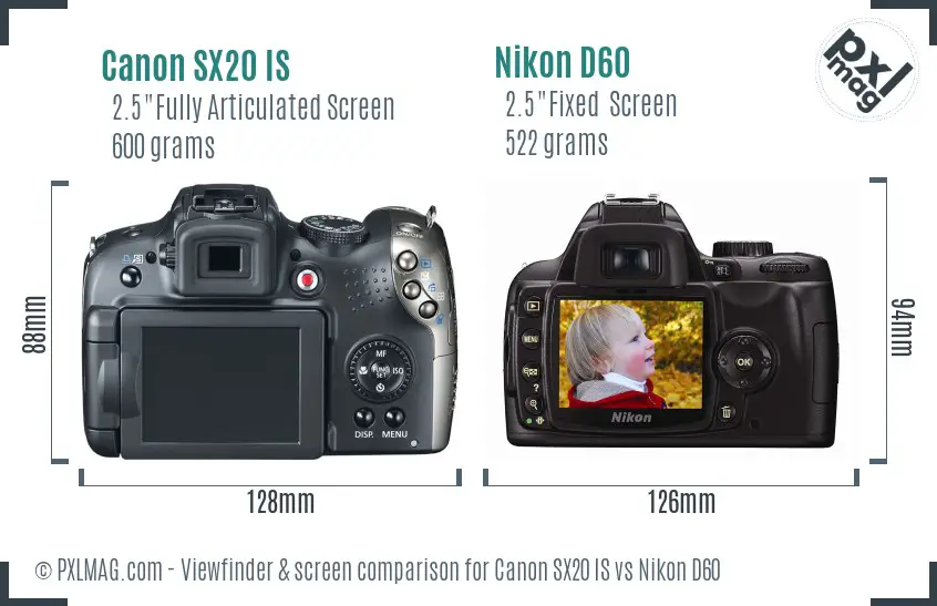 Canon SX20 IS vs Nikon D60 Screen and Viewfinder comparison Canon SX20 IS vs Nikon D60 Screen and Viewfinder comparison