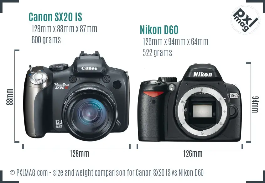 Canon SX20 IS vs Nikon D60 size comparison Canon SX20 IS vs Nikon D60 size comparison
