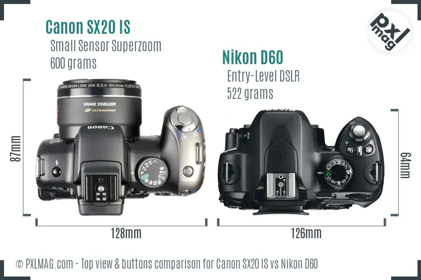 Canon SX20 IS vs Nikon D60 top view buttons comparison Canon SX20 IS vs Nikon D60 top view buttons comparison