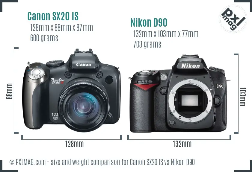 Canon SX20 IS vs Nikon D90 size comparison Canon SX20 IS vs Nikon D90 size comparison