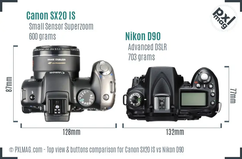 Canon SX20 IS vs Nikon D90 top view buttons comparison Canon SX20 IS vs Nikon D90 top view buttons comparison