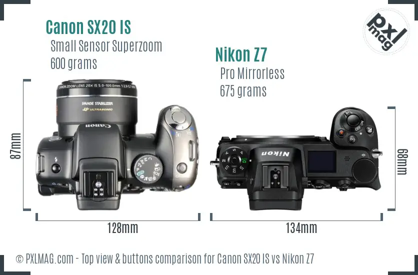 Canon SX20 IS vs Nikon Z7 top view buttons comparison