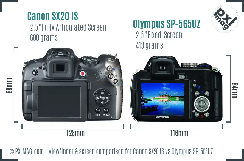 Canon SX20 IS vs Olympus SP-565UZ Screen and Viewfinder comparison