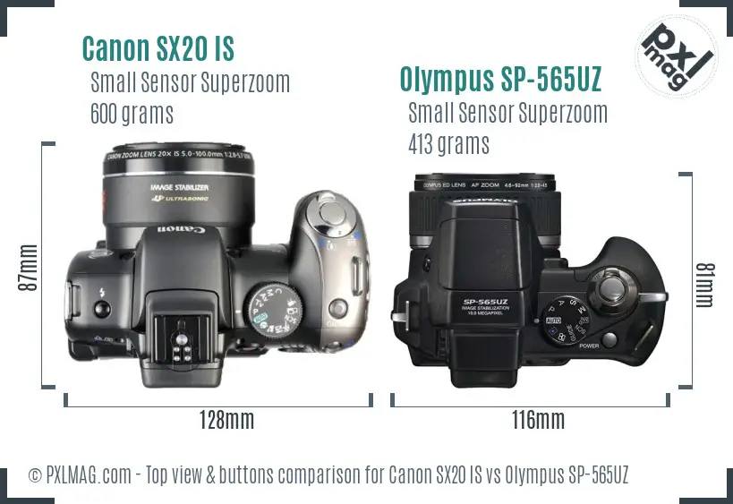 Canon SX20 IS vs Olympus SP-565UZ top view buttons comparison