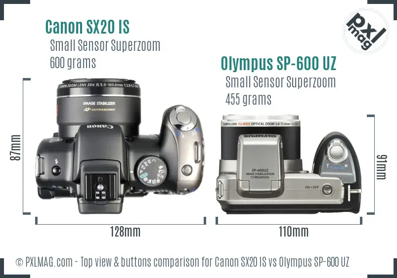 Canon SX20 IS vs Olympus SP-600 UZ top view buttons comparison