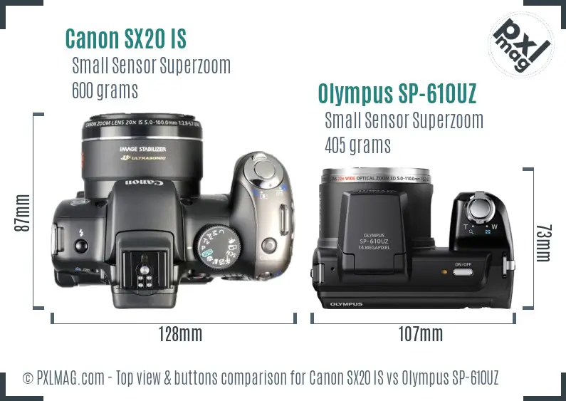 Canon SX20 IS vs Olympus SP-610UZ top view buttons comparison