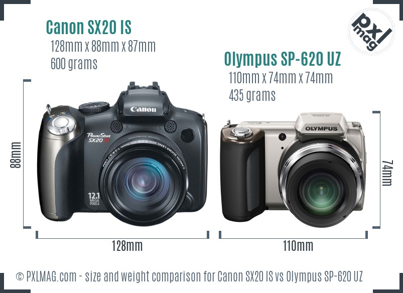 Canon SX20 IS vs Olympus SP-620 UZ size comparison
