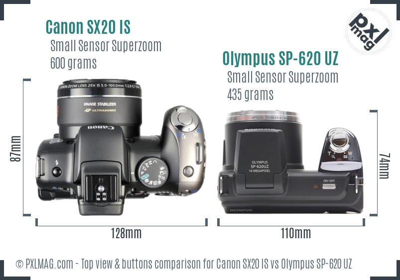 Canon SX20 IS vs Olympus SP-620 UZ top view buttons comparison
