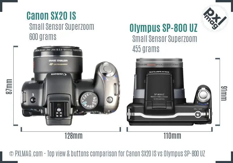 Canon SX20 IS vs Olympus SP-800 UZ top view buttons comparison