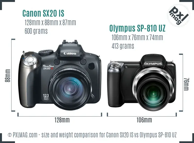 Canon SX20 IS vs Olympus SP-810 UZ size comparison Canon SX20 IS vs Olympus SP-810 UZ size comparison