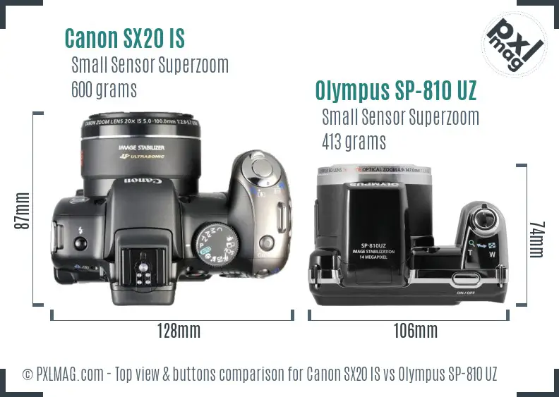 Canon SX20 IS vs Olympus SP-810 UZ top view buttons comparison Canon SX20 IS vs Olympus SP-810 UZ top view buttons comparison