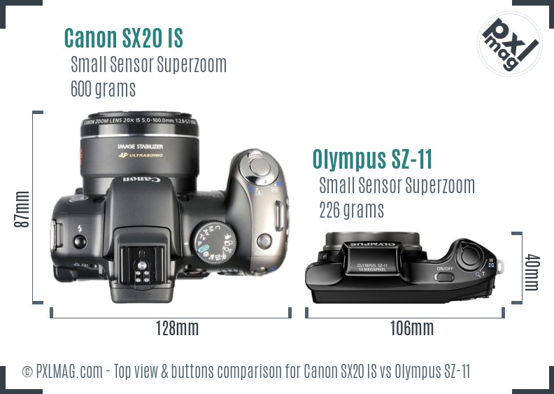 Canon SX20 IS vs Olympus SZ-11 top view buttons comparison