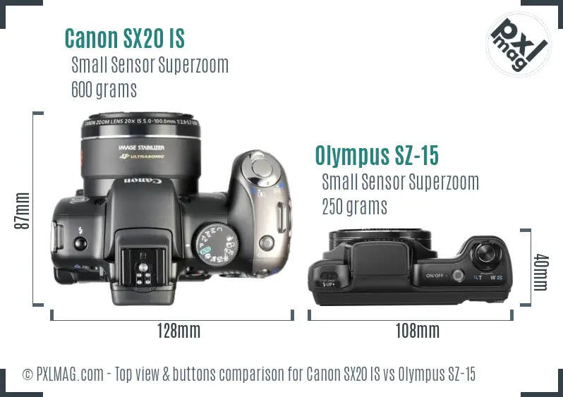 Canon SX20 IS vs Olympus SZ-15 top view buttons comparison