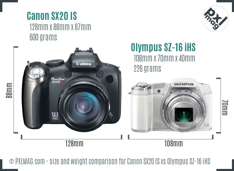 Canon SX20 IS vs Olympus SZ-16 iHS size comparison Canon SX20 IS vs Olympus SZ-16 iHS size comparison